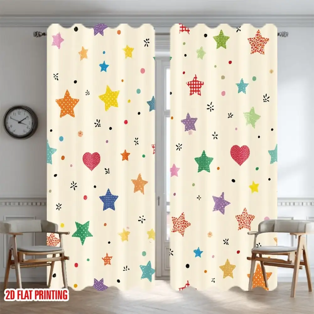 Colorful Star Curtain, Hearts Print Blackout Curtains, Cartoon Kids Room Window Drapes, Bright Stars Pattern 2 Panels