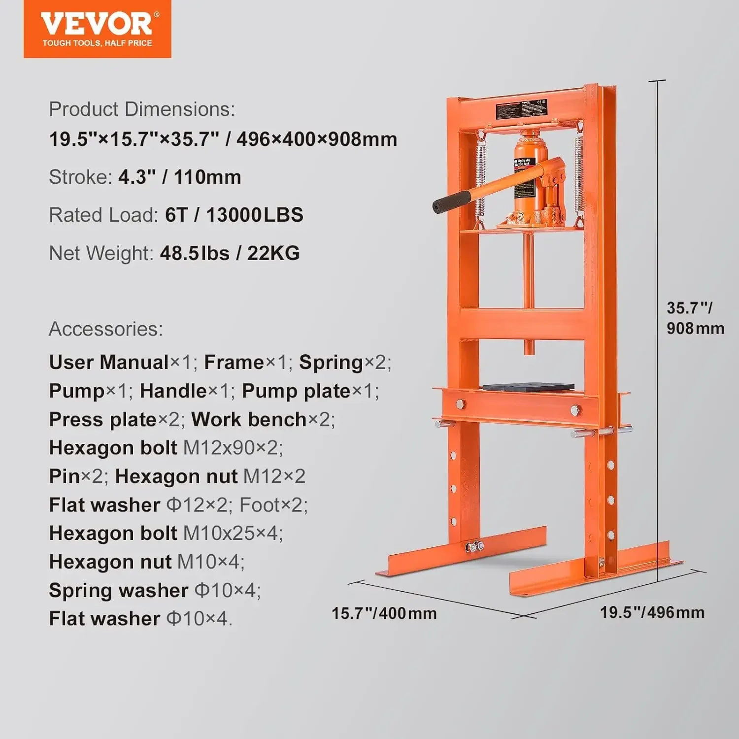 Hydraulic 6 Ton H-Frame Garage Floor Adjustable Shop Press with Plates, 6T, Orange