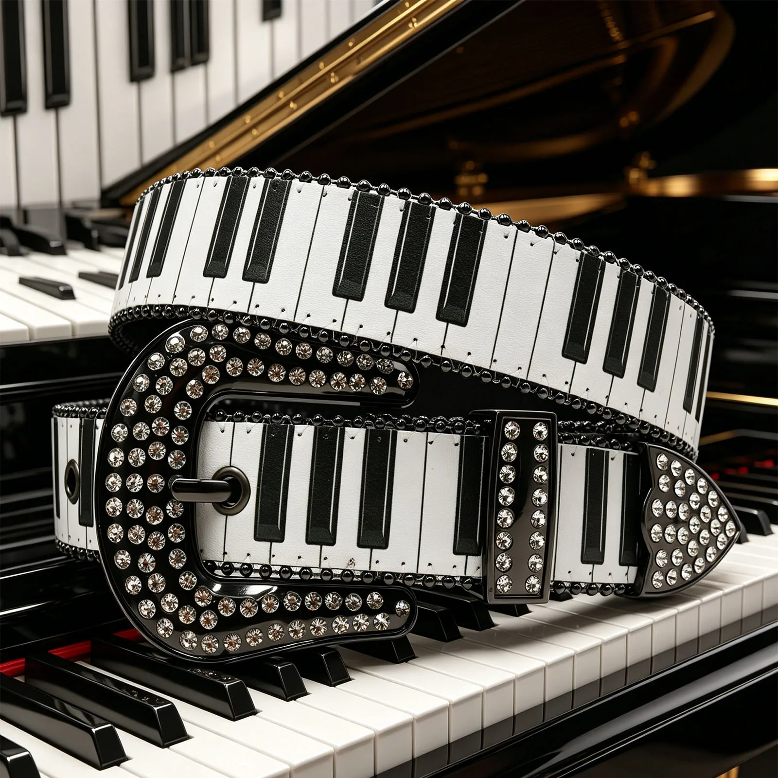 

Sparkly Crystal Studded Cowboy Belt, Multicolor Rainbow Piano Key Print Leather Belt, Music Themed Rhinestone Waist for Teen