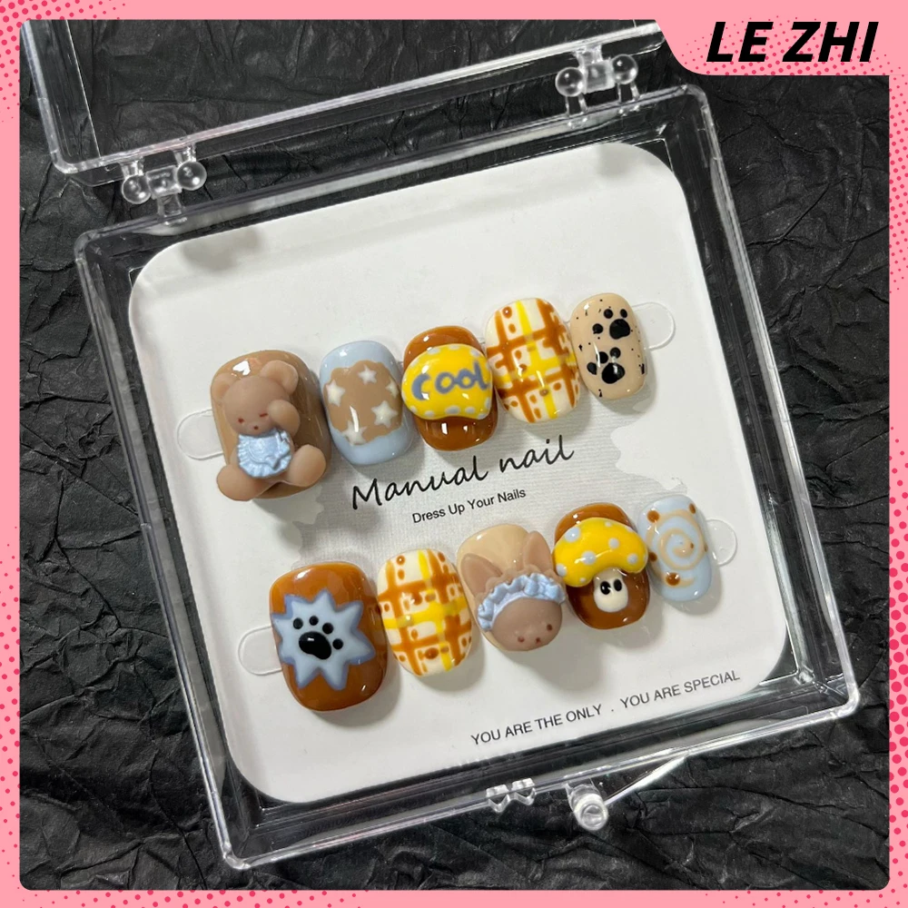 Kawaii Sanrio Hello Kittys Короткие квадратные круглые носимые ногти ручной работы с мультяшным кроликом, собакой, медведем, белкой, бантом, накладными ногтями