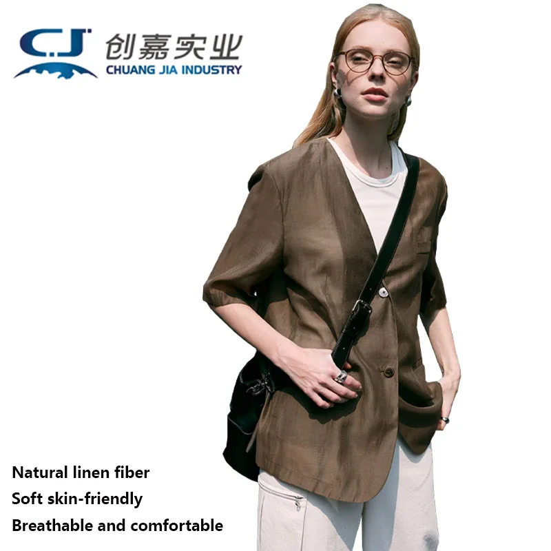 Linen Short Sleeve Suit for Women Outdoor Single Breasted Light Brown Fashion Street Suit Loose 3XL Fat Girl High-end Clothing