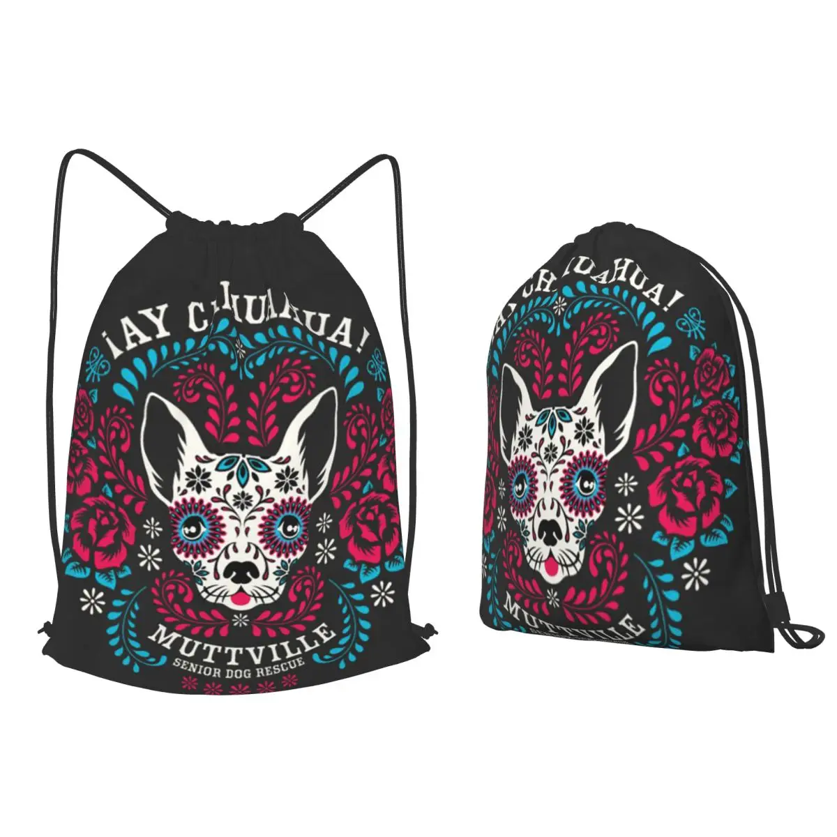 

Day Of The Dead Dog Print Backpacks Portable Drawstring Bags Sports Bag Book Bags for Man Woman Students