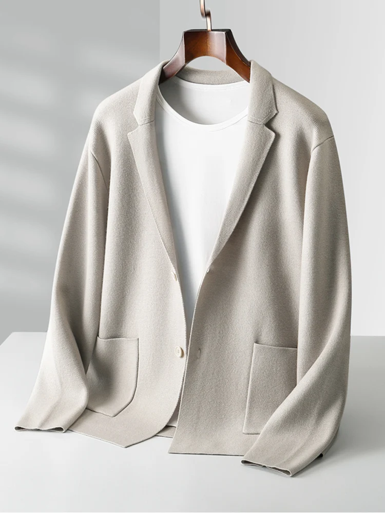 Spring Autumn Knitwear 100% Merino Wool Men's Sweater Suit Collar Solid Color Single Breasted Pocket Cardigan Soft Basic Tops
