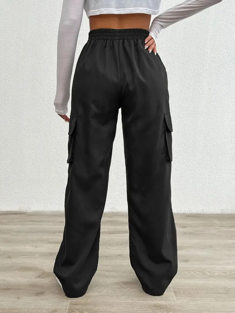 女性用ワイドレッグカーゴパンツ,快適なフラップポケット,伸縮性のあるウエストバンド,ゆったりとしたフィット感,通気性のある生地,カジュアルウェア