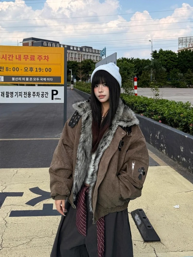 

Caramel American Cross Eagle Cotton Jaet Thiened Warm Workwear Fur Collar Cotton Coat for Men Autumn Winter Coat