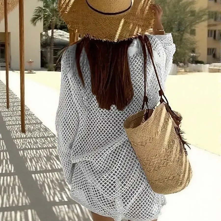 Solid Beach ถักชุดสั้น 2025 ฤดูใบไม้ร่วงเซ็กซี่ Hollow OUT Causal วันหยุดเสื้อแขนยาวสําหรับเสื้อผ้าผู้หญิง