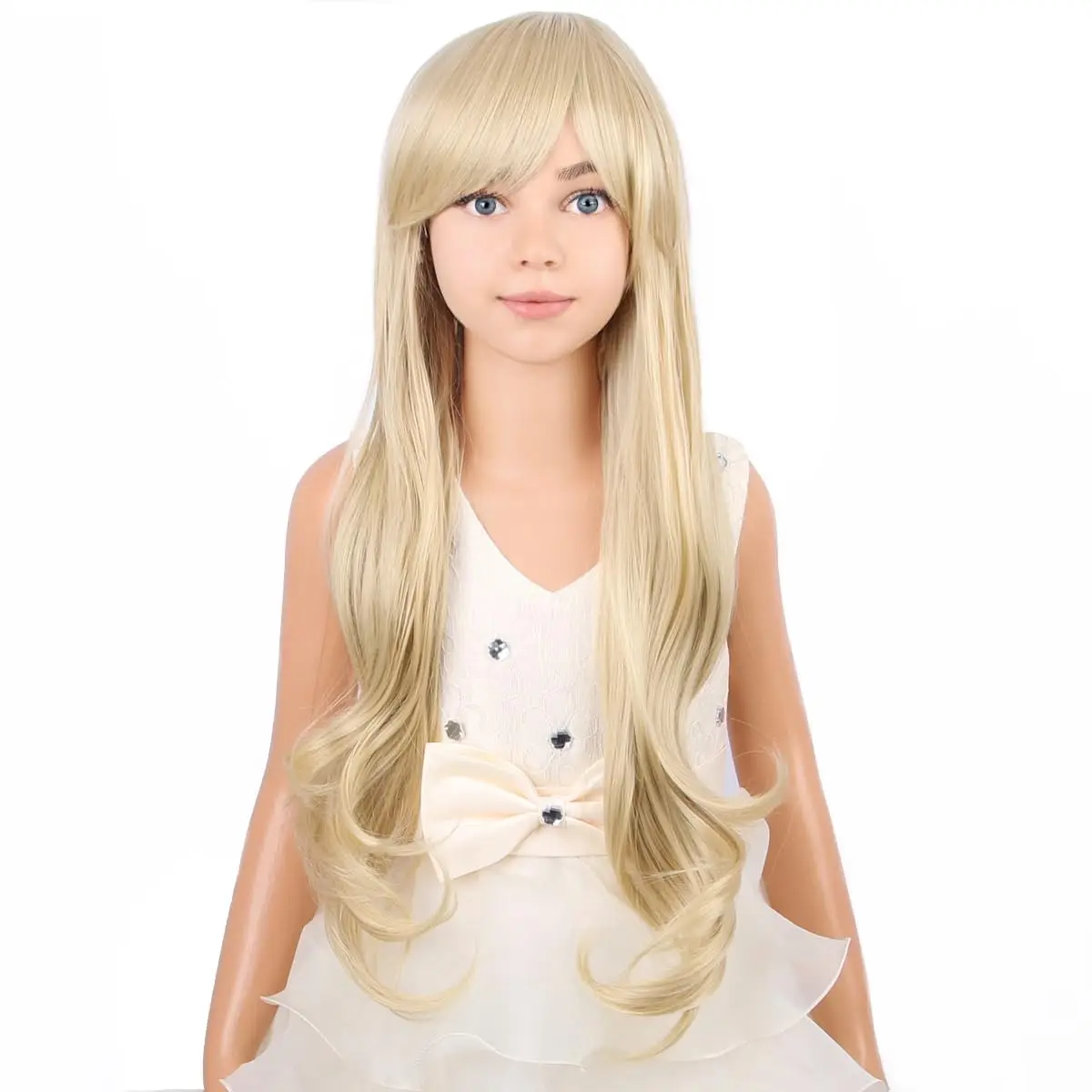 Long Blonde Wavy Wig for Kids Child Blonde Wig with Bangs Girls Light Blonde Long Wigs Synthetic Wig