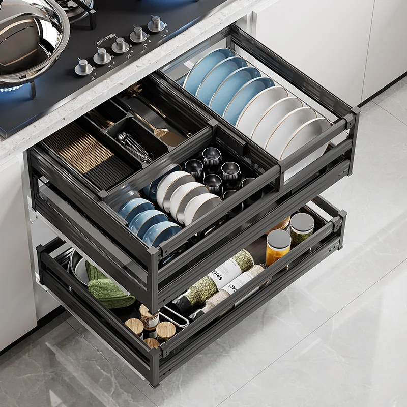

Kitchen Cabinet Draw Basket Double-layer Aluminum Alloy Drawer Drawing Storage Dish Rack Drawer Type Dish Rack Dish Basket Glass