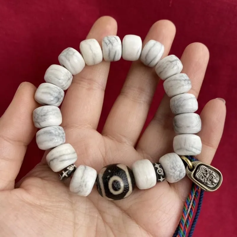 Tibetan-style cultural artifact: 108 cow bone textured barrel beads bracelet, 108 Buddhist beads for hand-held meditation