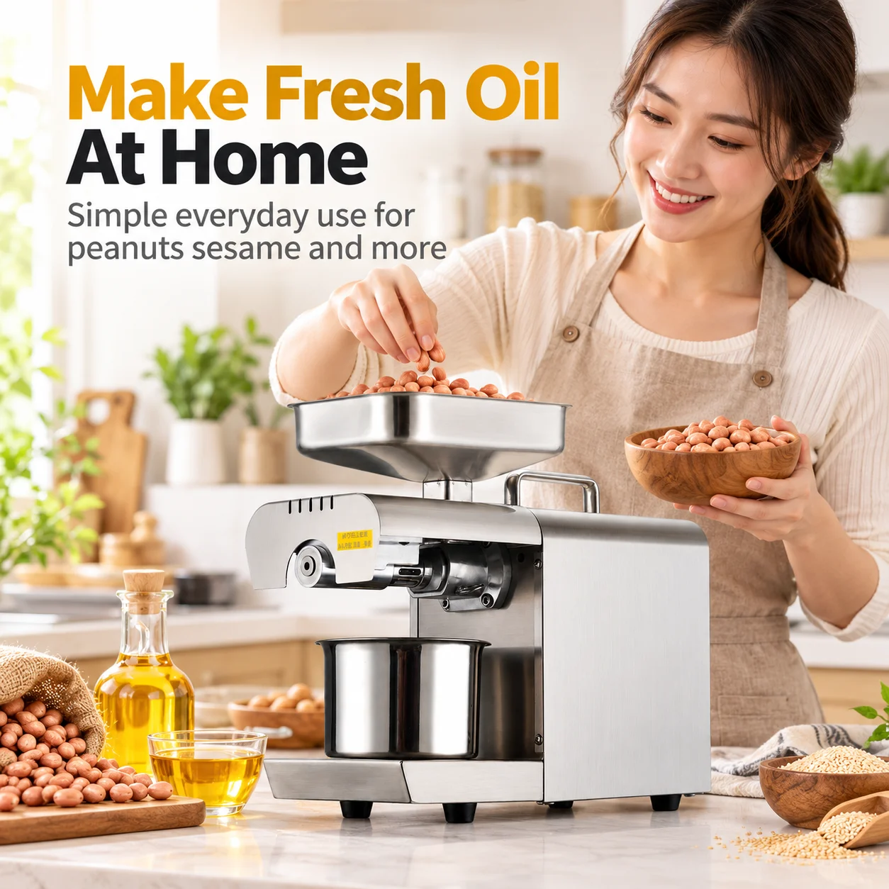 AOLIVIYA Automatic Oil Press Machine 600W Stainless Steel Hot Cold Oil Expeller Extractor for Peanut Sesame Seed Walnut Home