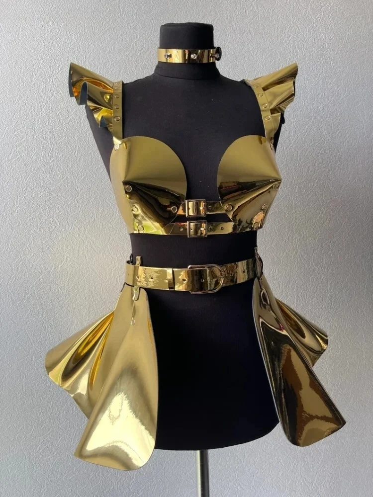 

Women's Pu Flying Sleeves Performance Costume Singer Adult Cosplay Space Ruffle Suspenders Gold Gothic Fashion Leather Costume
