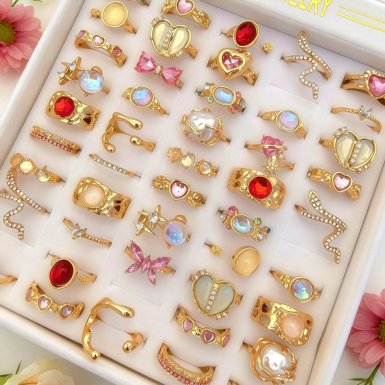 5/10/15/20Pieces Fashion Heart & Cat Eye Opal Ring Set For Women Mix Style Open Adjustion Daily Jewelry Party Gifts