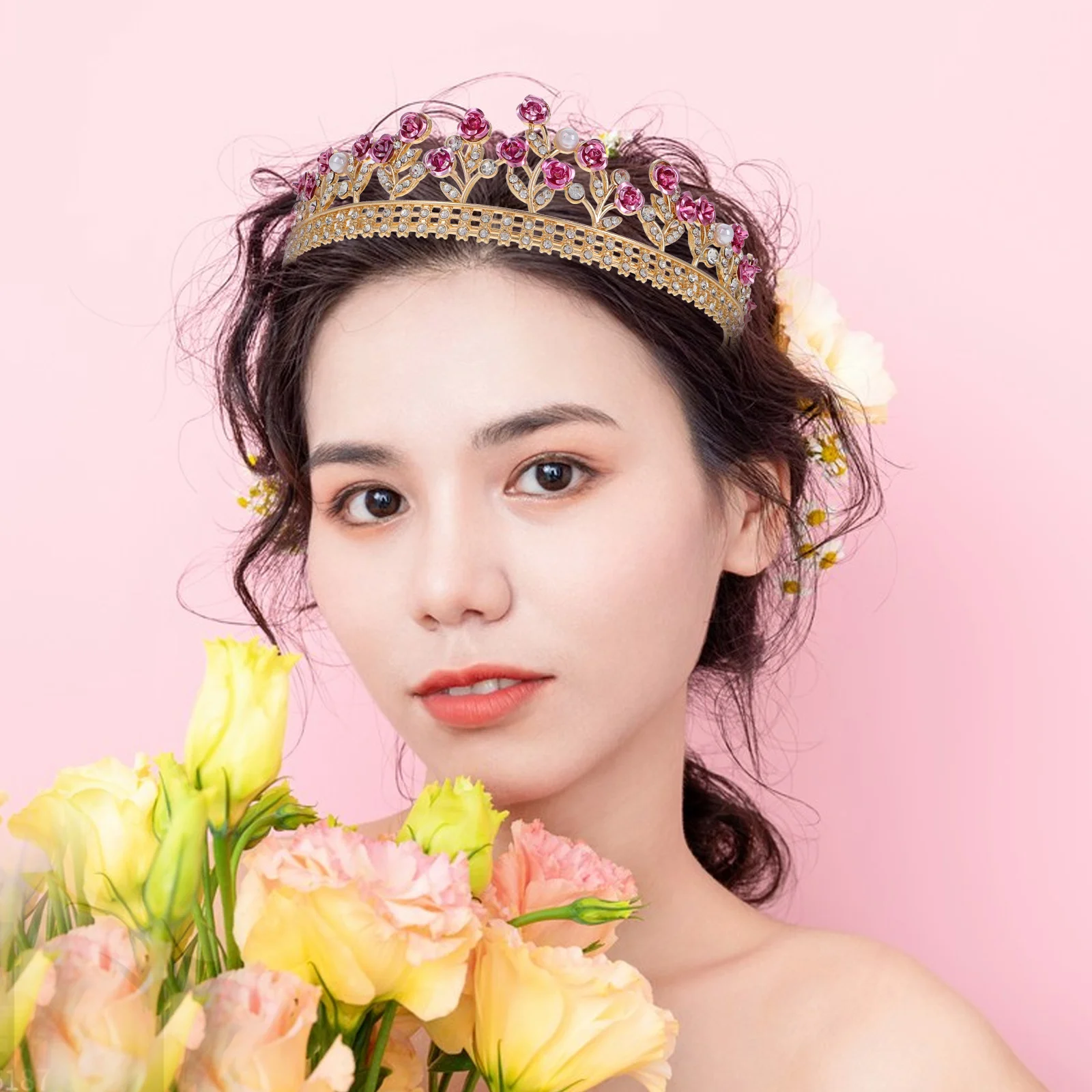 

Rhinestone Studded Metal Rose Bridal Headband Elegant Crown for Wedding Bride Hair Accessory Princess Tiara Wedding Hair Piece