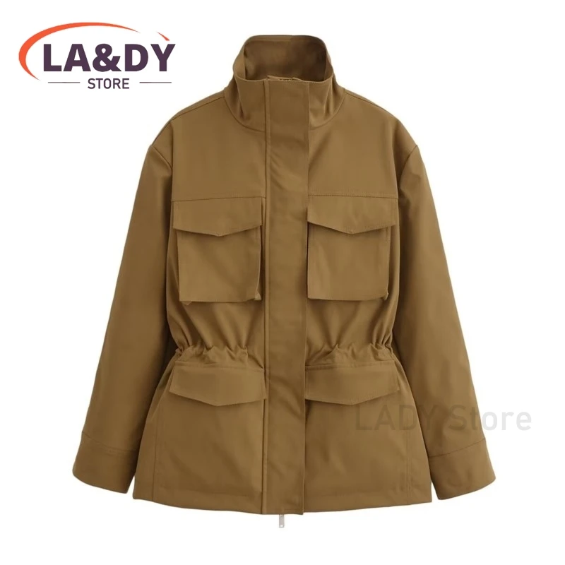 2024 New Autumn Women Stand Collar Jacket Female Casual Long Sleeve Pockets Top Outerwear