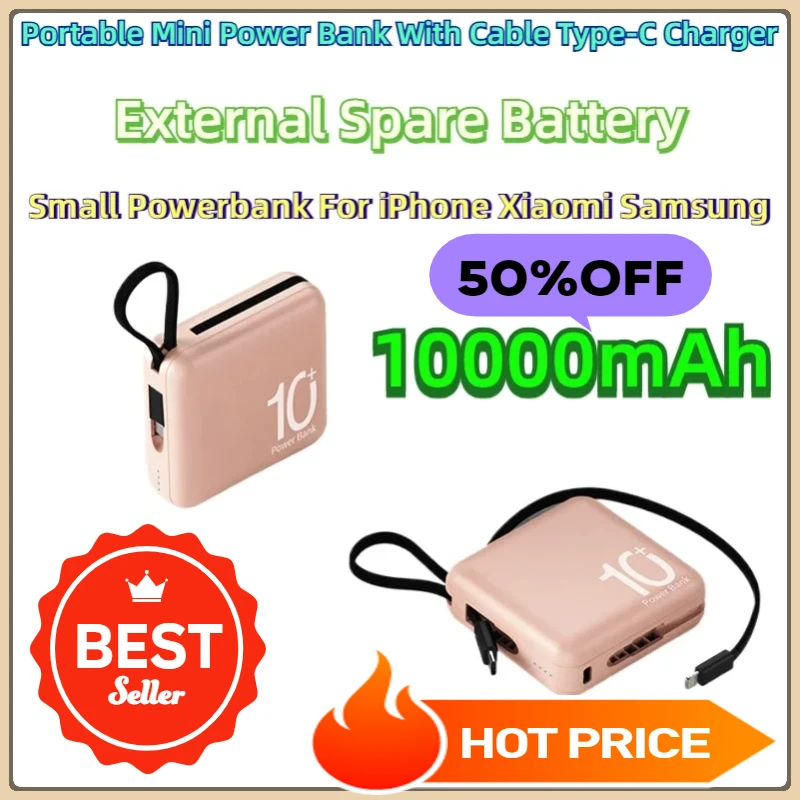 

For iPhone Xiaomi Samsung Portable Mini Power Bank With Cable Type-C Charger External Spare Battery 10000mAh Small Powerbank