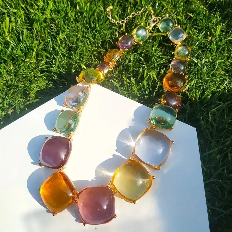 Best Lady Bohemian Ethnic Style Resin Square Shape Colorful Earrings & Necklace Jewelry Set Personality Party Favors For Women