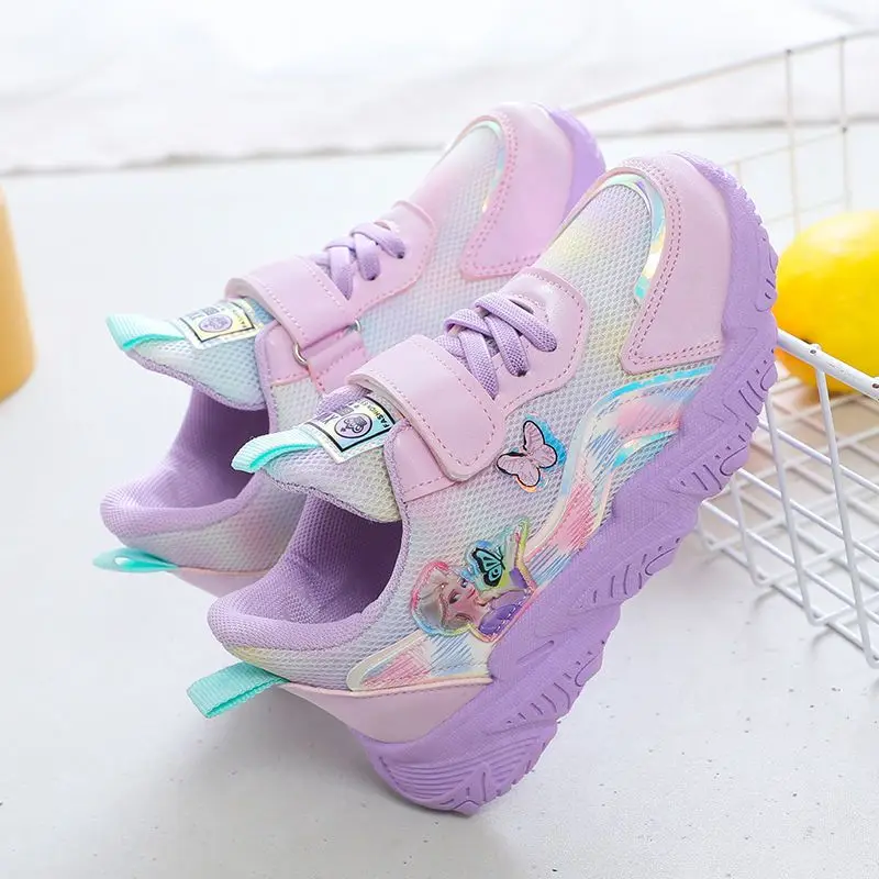 Disney Children\'s Casual Shoes Mesh Breathable Sports Shoes Thick Bottom Frozen Priness Elsa Pink Purple Shoes Sneaker Size 25-3