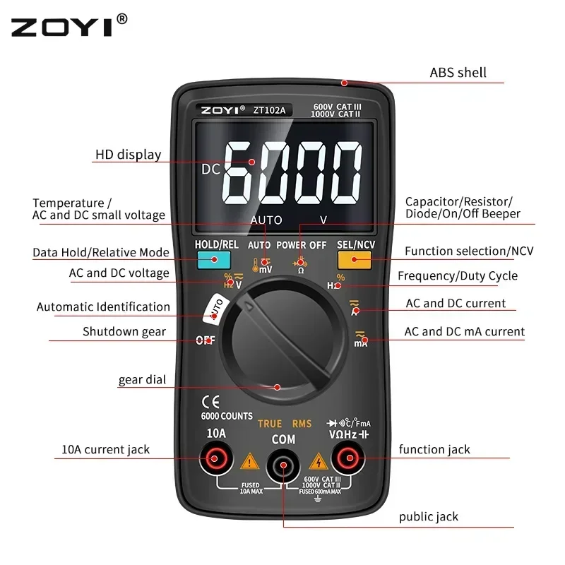 Multímetro Digital com Luz Traseira Voltímetro Automático Testador de Transistor Diodo de Freqüência Temperatura 6000 Contagens 113d ac dc Zoyi-zt102a