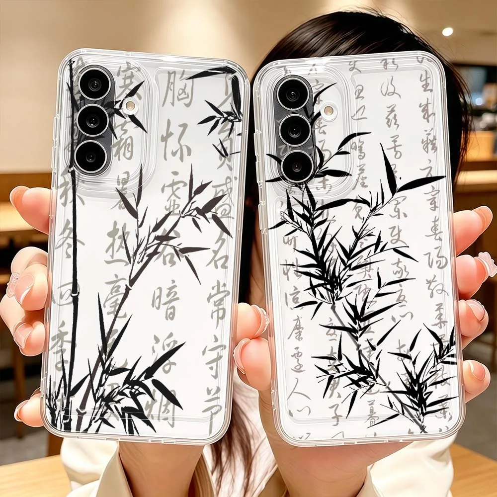 Ink Bamboo Calligraphy Art Phone Case For Samsung Galaxy A71 A57 A56 A55 A54 A53 A51 A17 A16 A07 A06 A05 Transparent Cover