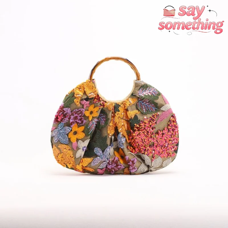    Sac à main tendance avec poignée en bambou et design à sequins pour femme 2026 – Sacs fourre-tout d'été en tissu filet et à motifs floraux pour la plage et les soirées