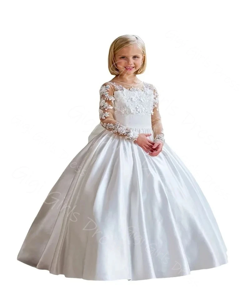Vestido de fiesta personalizado, vestido de niña de flores para boda, niños, blanco, mangas largas, apliques de encaje, satén, vestido de comunión con lazo