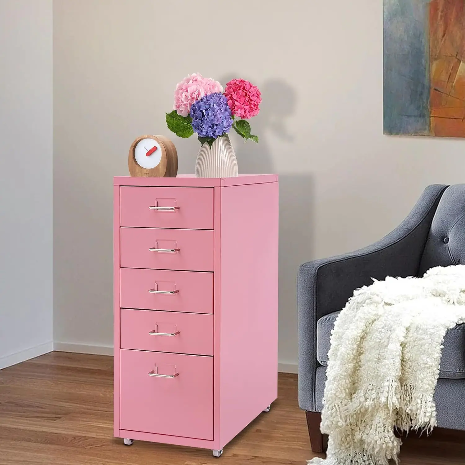 

5 Drawer Storage Cabinet Pink Modern Steel Organizer with 5kg Per Drawer Load Capacity for Home Office Tool Storage
