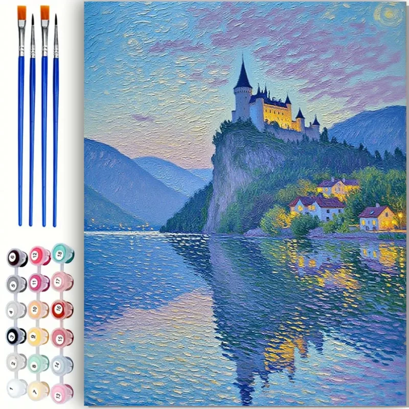 

1pc less 1 Set of Adult DIY Painting by Numbers Set, Vintage Oil Painting Castle on the Cliff, 16x20 Inch, Canvas Oil Painting W