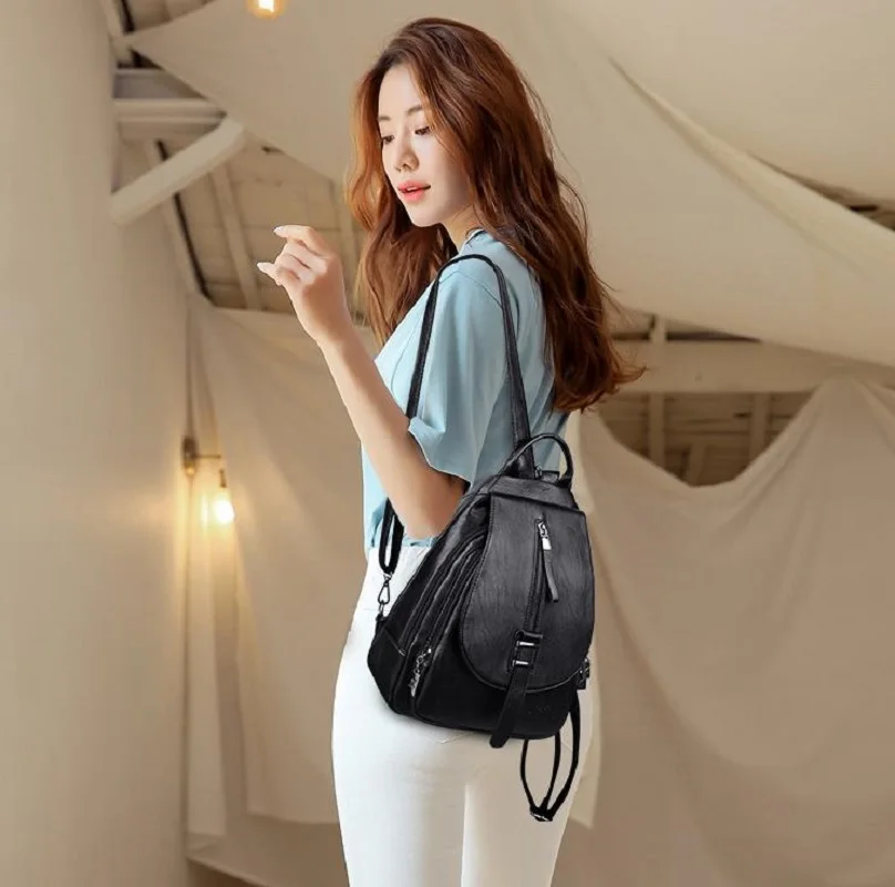 

2026 Korean New Women's High Quality Solid Soft Leather Backpack Fashion Design Zipper Shoulder Bags School Bag Travel Backpacks
