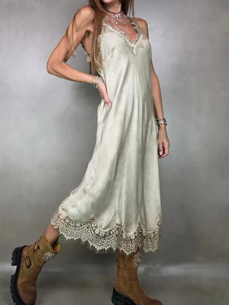 Fashion Backless Solid Color Party Dress Sexy Lace Patchwork Satin Suspender Dress Elegant V-neck Sleeveless Women's Long Dress