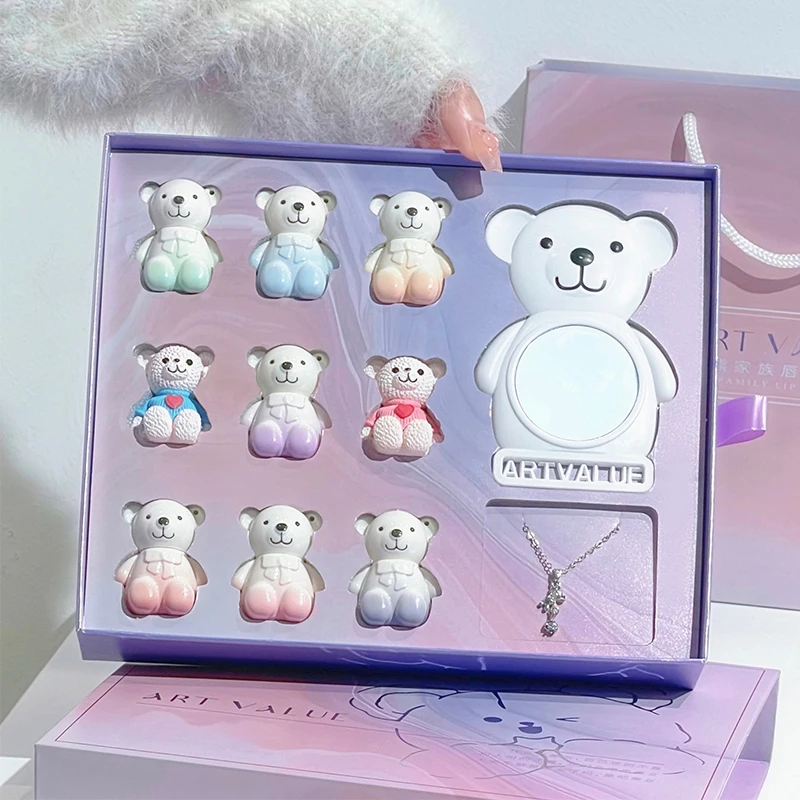 ART VALUE Cute Bear Makeup Set Include 6*Matte Lip Mud,1*Lip Oil Balm,2*Bear Ornaments,1 sMirror,1*Necklace Gift Cosmetic Kits