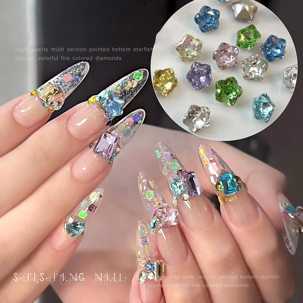 10/50Pcs Starfish Nail Art Rhinestones 8mm Sparkle Pointed Bottom Diamonds Nail Art Decorations DIY Manicure Accessory