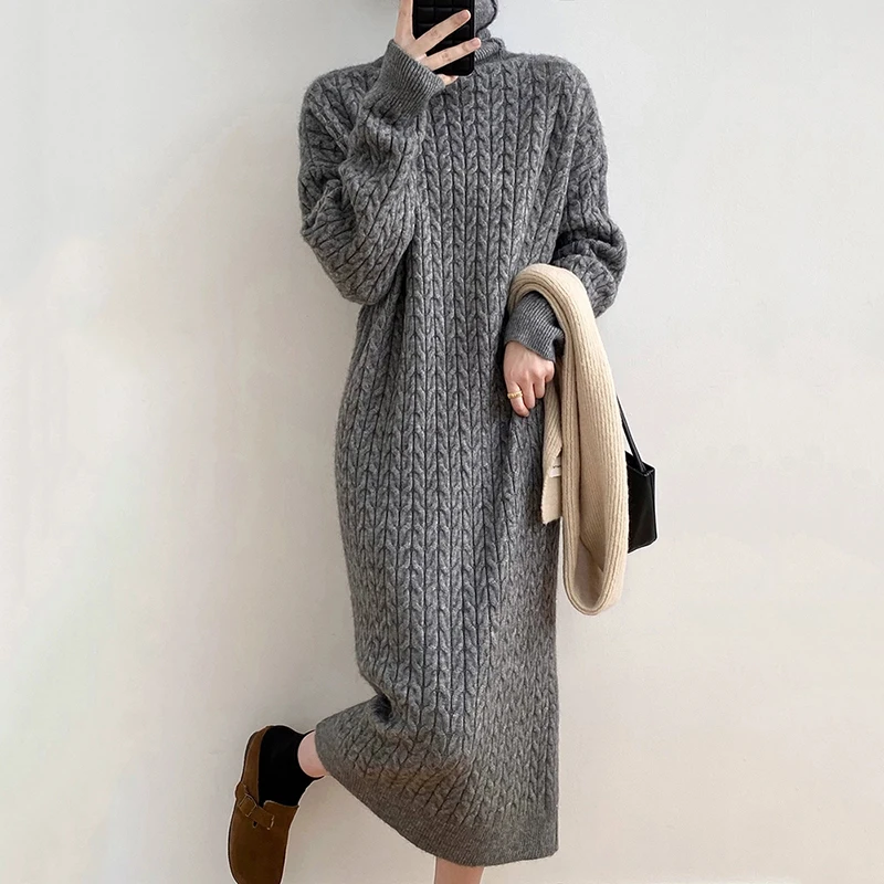 Rollkragenpullover Kaschmirkleid Damen Langer Pullover Pullover Herbst und Winter Neues gestricktes knielanges Kleid aus reiner Wolle 2026