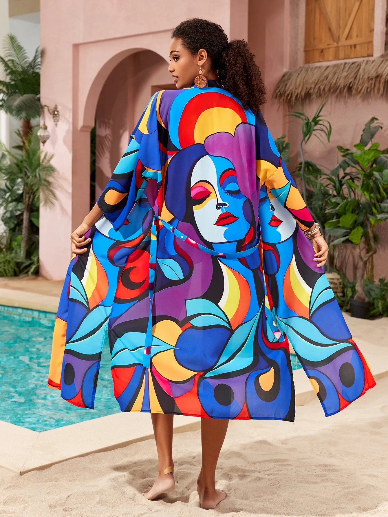 Women Kimono Beach Cover Ups Tunic Self Belted Wrap Dresses 2025 Pareo New Boho Beach Outfits Dropshipping Factory Supply