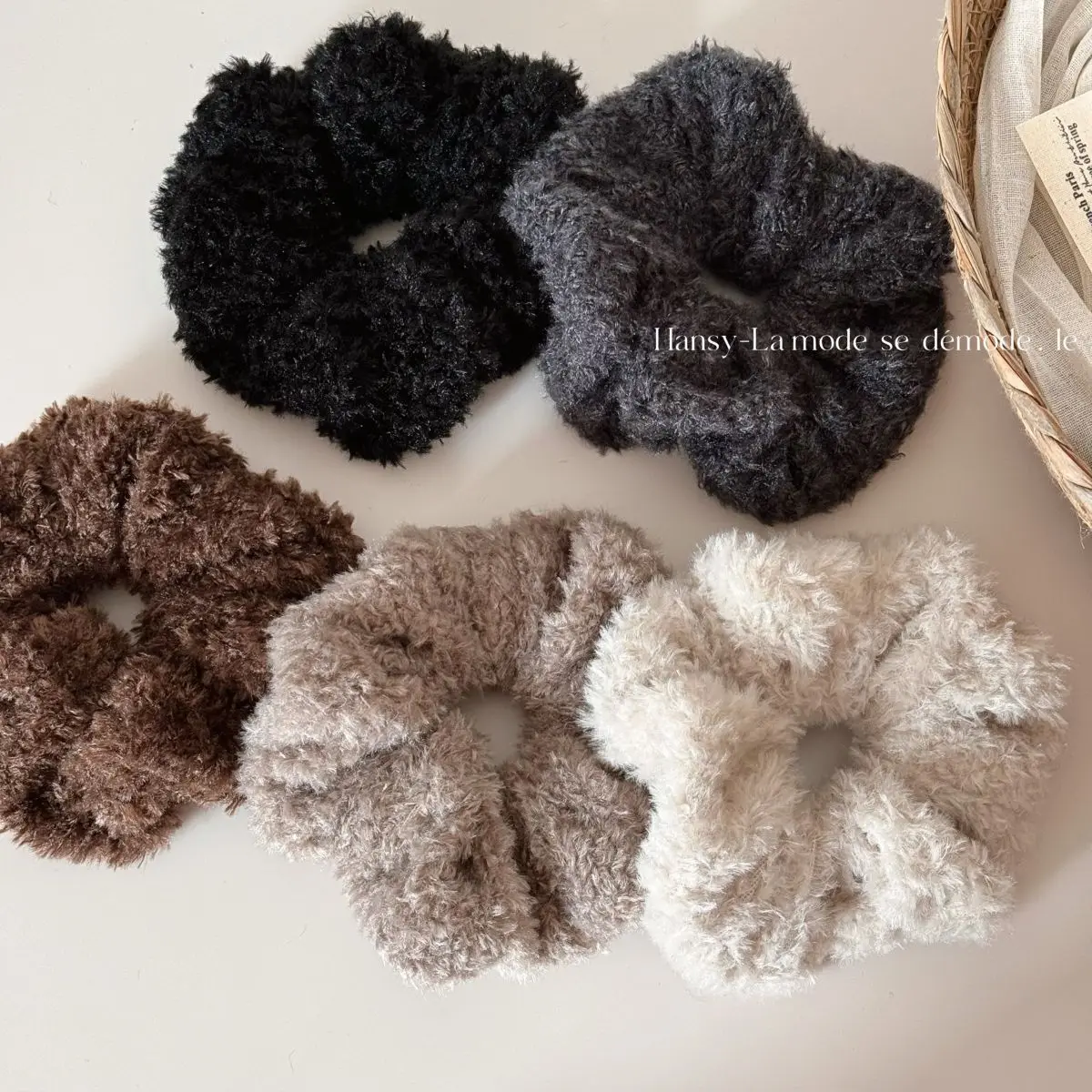 Hair Scrunchy Fuzzy Fabric Caramel Brown Gentle Women Bun Holder Non Slip Comfortable for Autumn Winter Home Travel Office