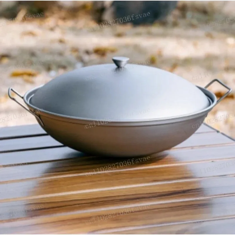 Olla seca de titanio con tapa y doble asa para cocina de inducción, camping al aire libre, estufa de alcohol, wok.