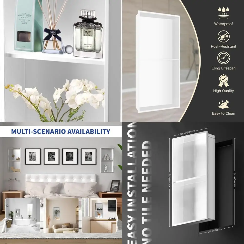 

12 x 24 Stainless Steel Shower Niche - No Tile, White Double Shelves, Recessed Wall Shelf for Bathroom Storage