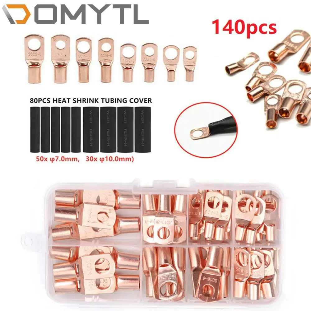 140Pcs Car Copper Ring Lug Terminals Heat Shrink Tubing SC Series Bare Terminal Cold Press Terminal for SC6 SC10 SC16 SC25