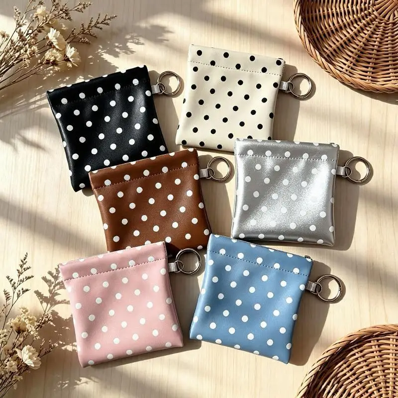 PU Leather Polka‑Dot Spring‑Loaded Coin Purse With Key Ring Compact For Coins Cards Keys Daily Accessories ****