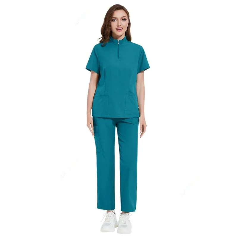 Feminino Casual Top de manga curta, Vestuário de enfermeira, Farmácia funcionando, Médico Hospital, Médico, Uniforme de enfermagem, Gola alta, Zíper