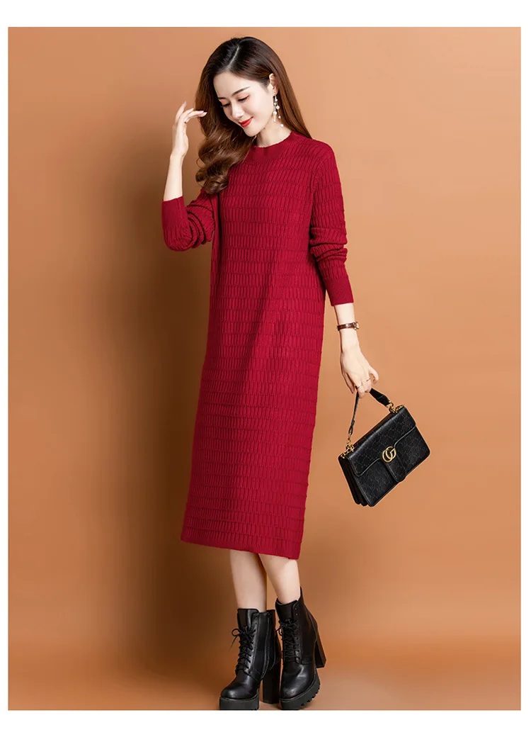 New Fashion Knitwears Sweater For Women\'s Loose Autumn Winter Bottom Dress Round Neck Knit Long Sleeve Pull Femme Dresses 4XL