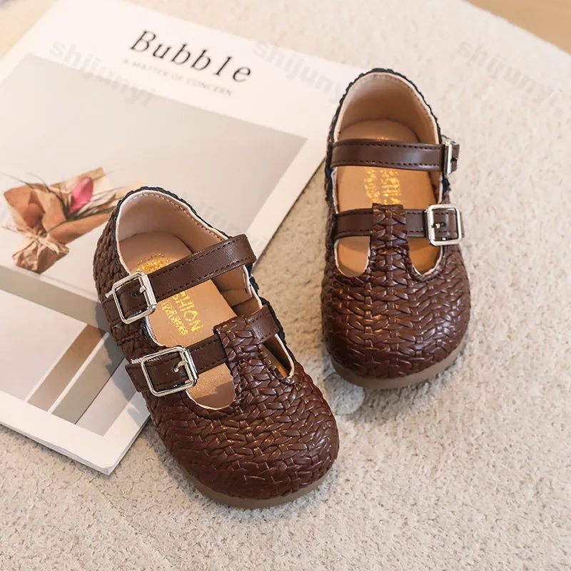 

Children Leather Shoes Fashion Weaving Buckle Strap Breathable Non Slip Princess Shoes Girls Simple Versatile Soft Flat Shoes