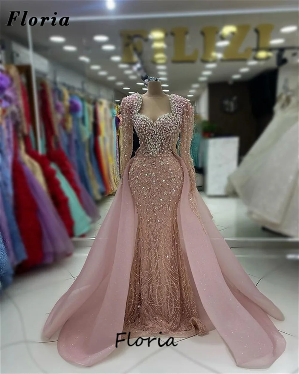 Luxury Pink Pearls Evening Dresses Two Pieces Long Sleeves Party Dress For Weddings Arabic Dubai Engagement Dress Robes Soiree