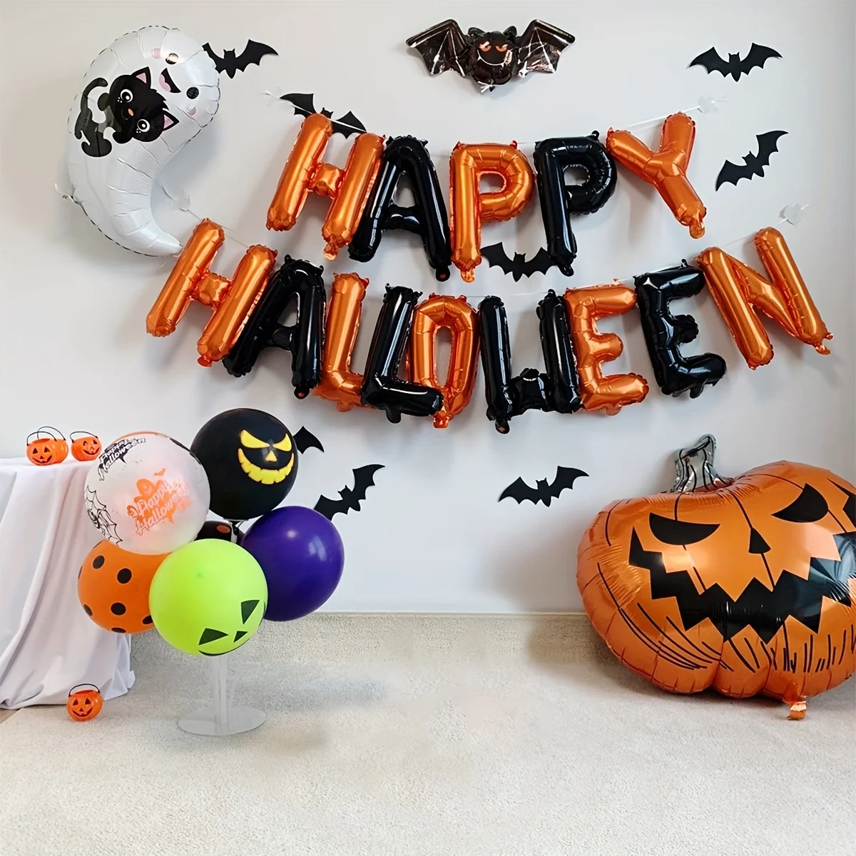 26pcs/set Halloween Happy Balloon and Bat Set Halloween Theme Party Background Decoration Home and Party Decor Halloween Decor