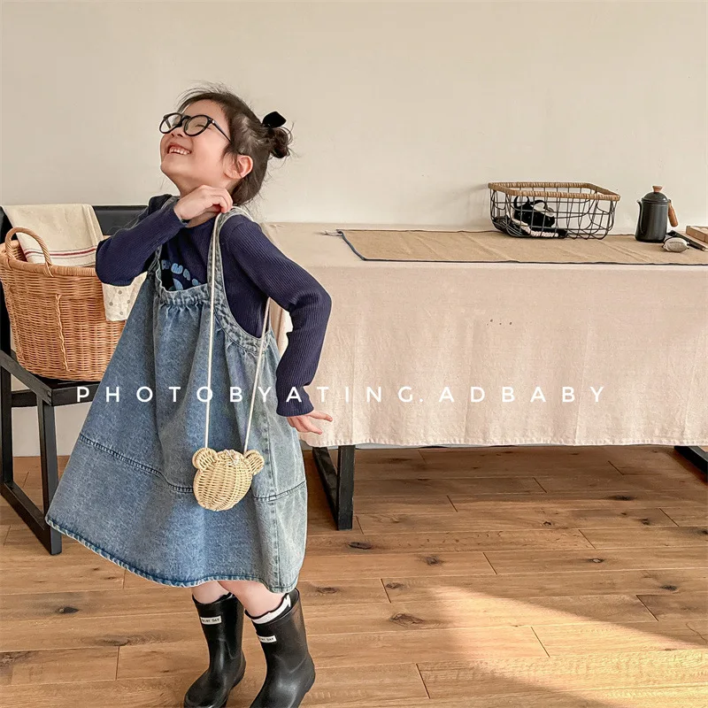 WOOFOO Korean Style New Autumn Loose Sling Dress Blue Black Sleeveless Straps Denim Skirt Children Fashion Versatile Dresses