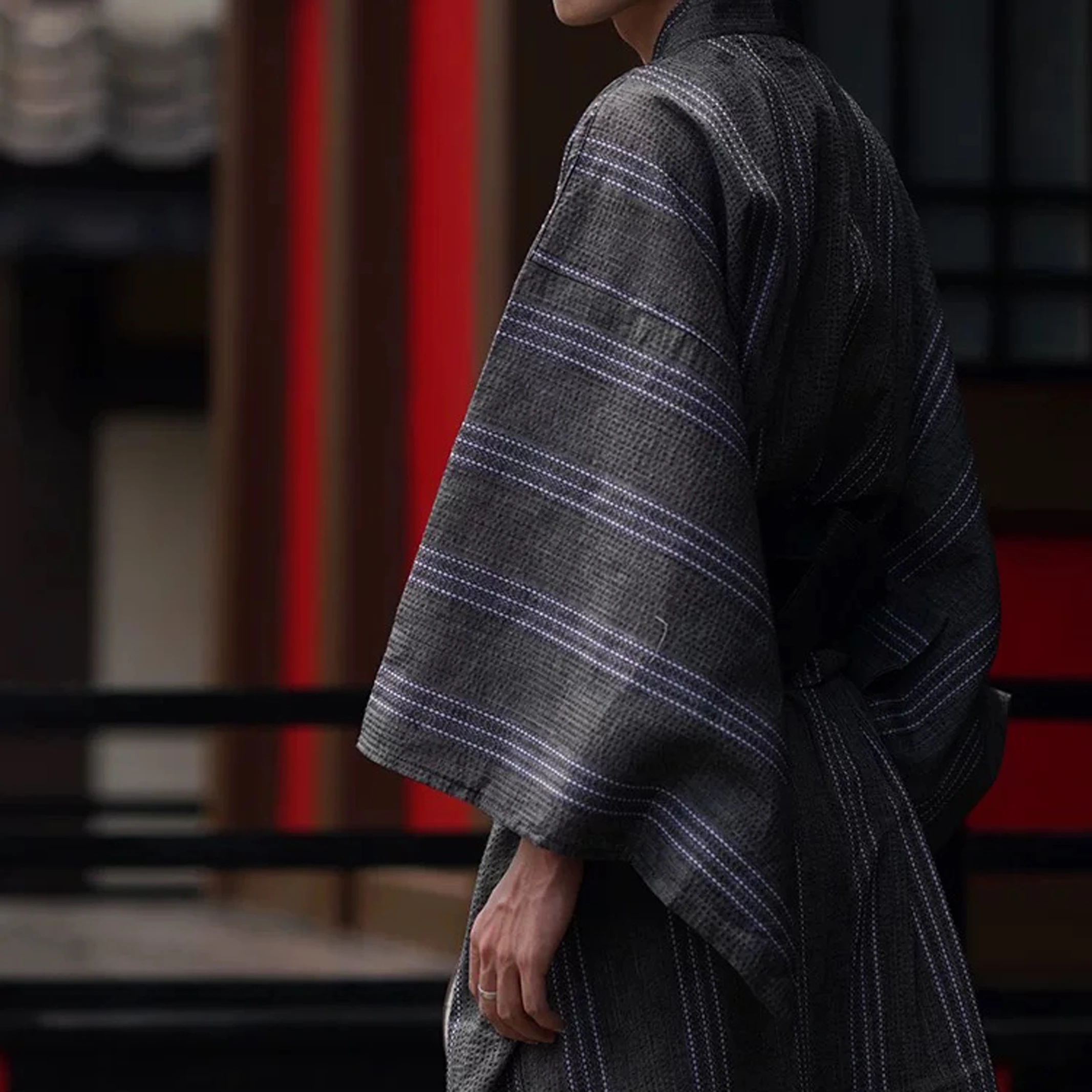 Summer Grey Japanese Traditional Samurai Kimono For Men Yukata Bathing Robe Hekoobi Loose Style Homewear Belt Long Gown Cotton