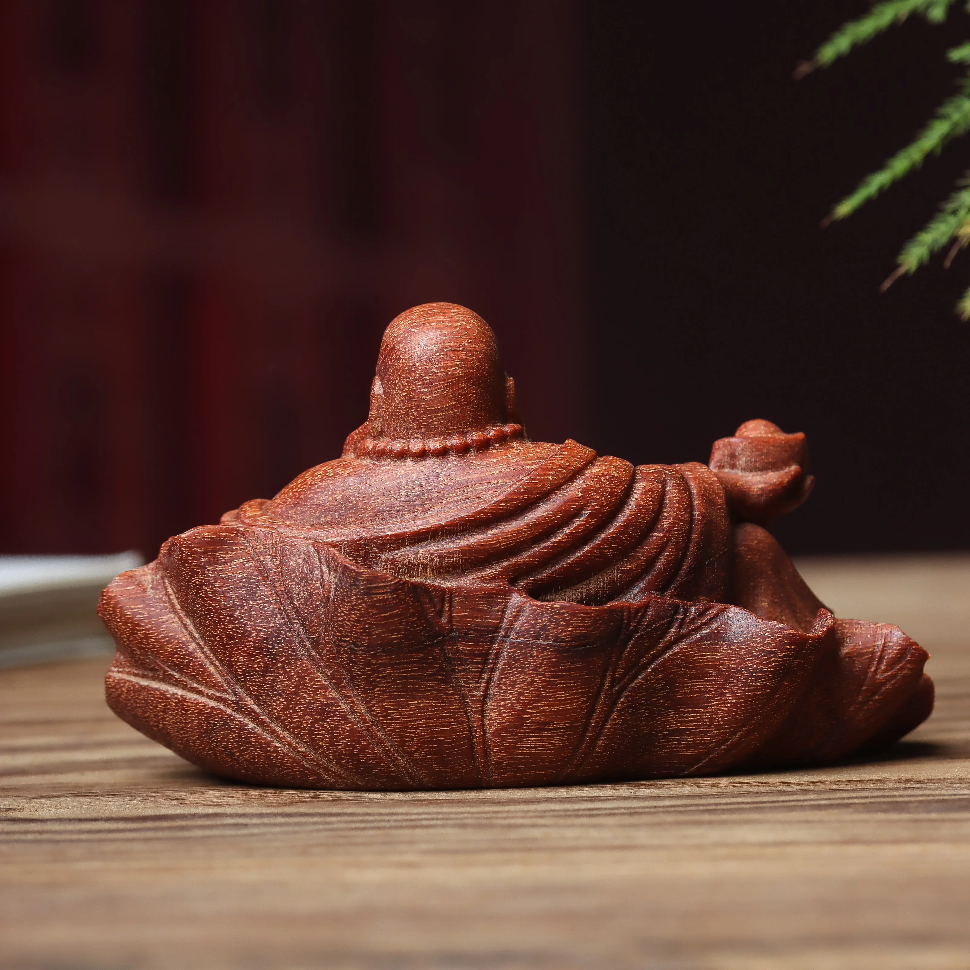 Pterocarpus Santalinus Leaf Ingot Maitreya Car Decoration Wooden Carving Pull Cloth Bag Big Belly Smiling Buddha Home