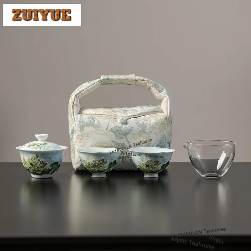 

Hand-painted Lotus Travel Tea Set Kit Zen Teapot And Cup Set 1 Bowl 2 Cups Tea Making Organizer Portable Picnic Stock Bags Gift
