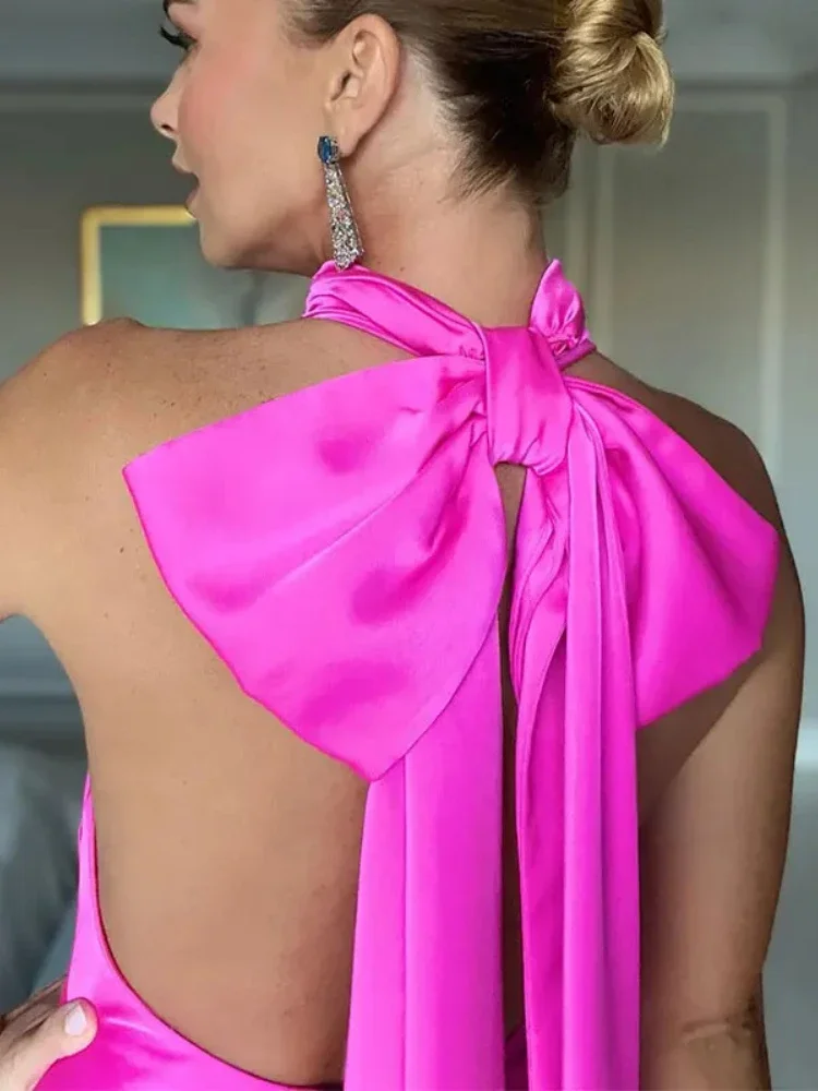 Abito lungo in raso da donna con temperamento elegante alla moda estiva, collo appeso, abito lungo in raso da donna sexy senza schienale