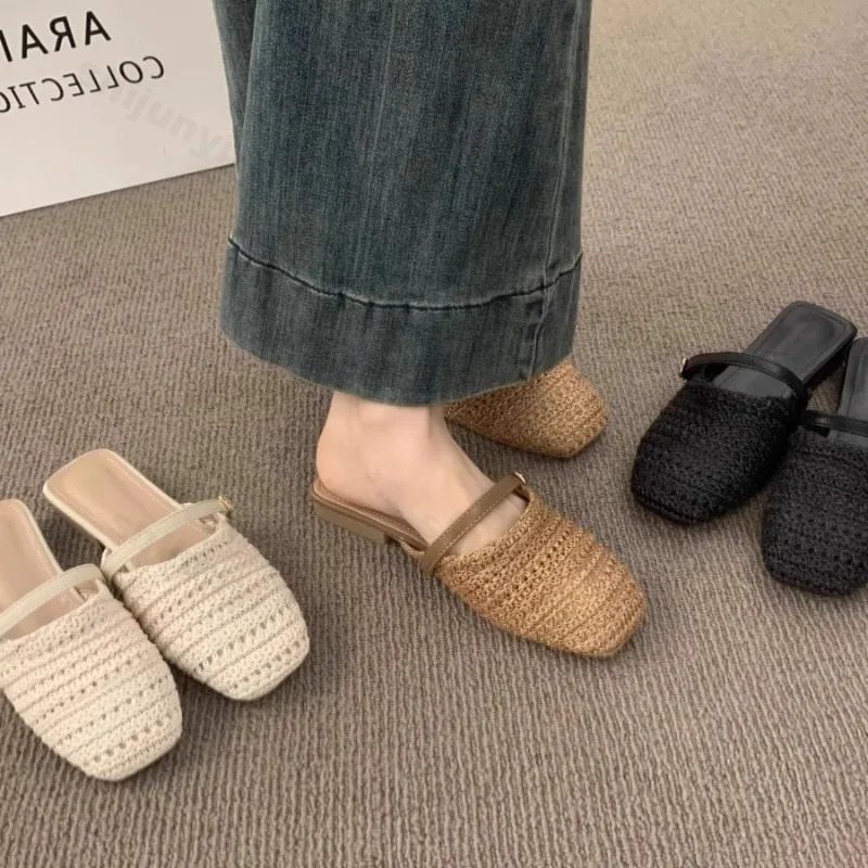 2026 Summer Thick Heel Fashion Hollow Women's Toe Half Slippers Comfortable Outdoor Beach Casual Woven Fesign Wedge Heel Sandals