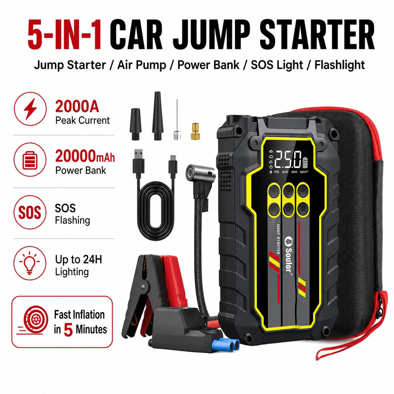 Arrancador de coche 2000A 12V, booster de emergencia, compresor de neumáticos 150PSI incorporado, power bank 20000mAh carga rápida, luz LED 3 modos con estroboscopio y SOS para emergencias viales